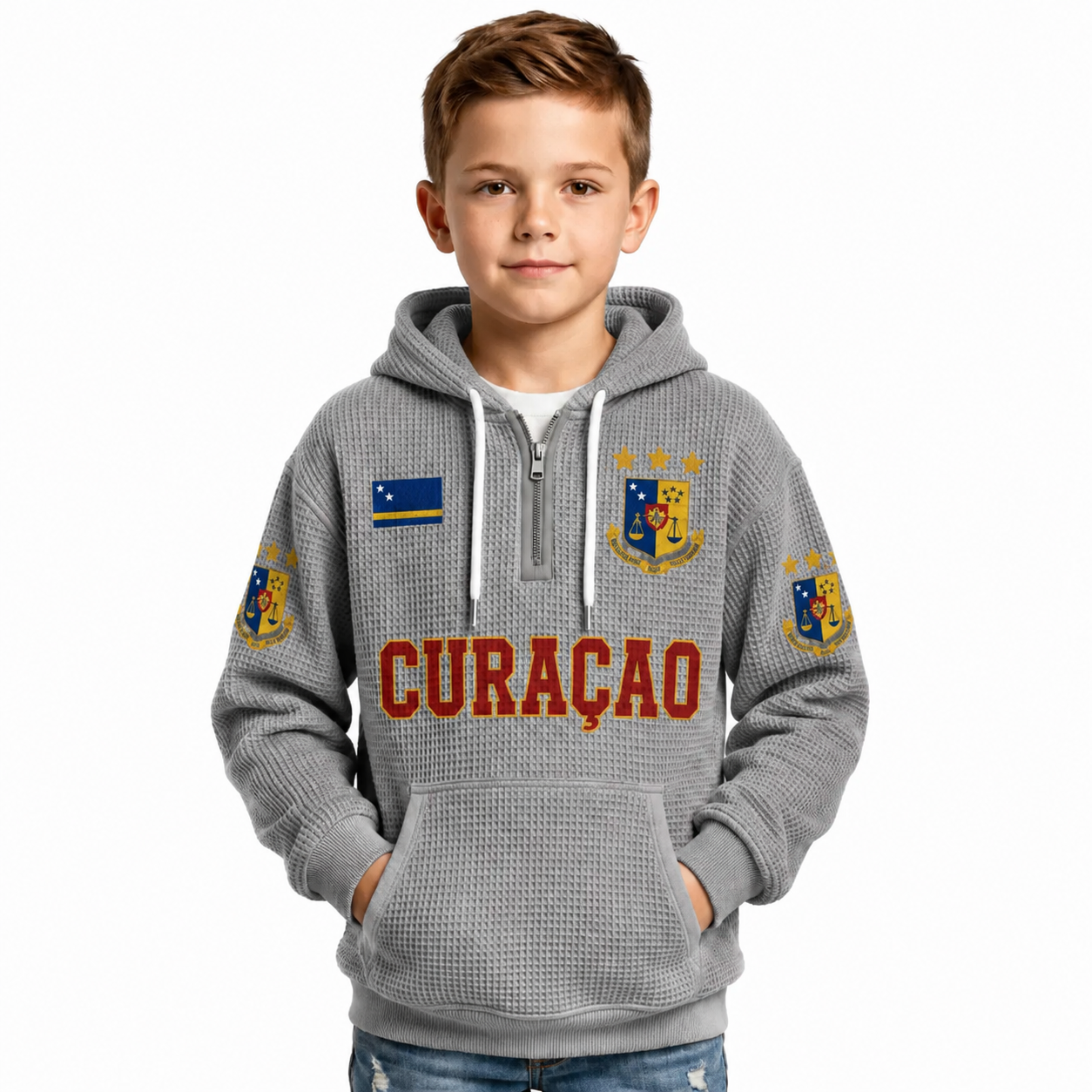 Curacao Printed Waffle Quarter Zip Football Fan Hoodie For Kids