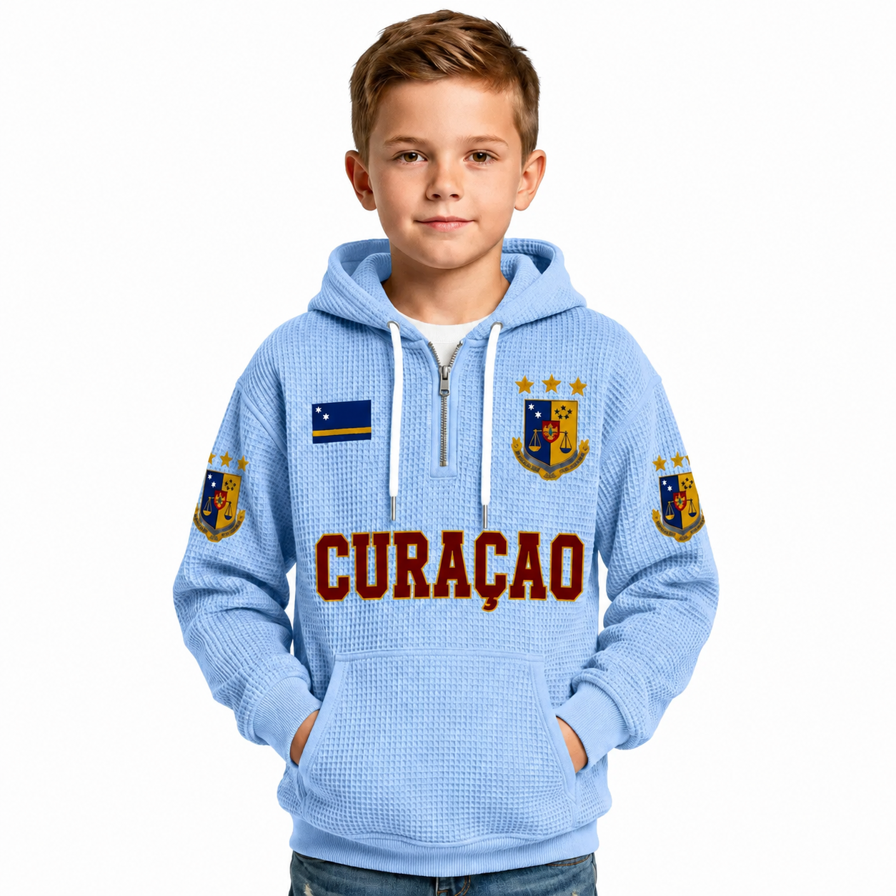 Curacao Printed Waffle Quarter Zip Football Fan Hoodie For Kids