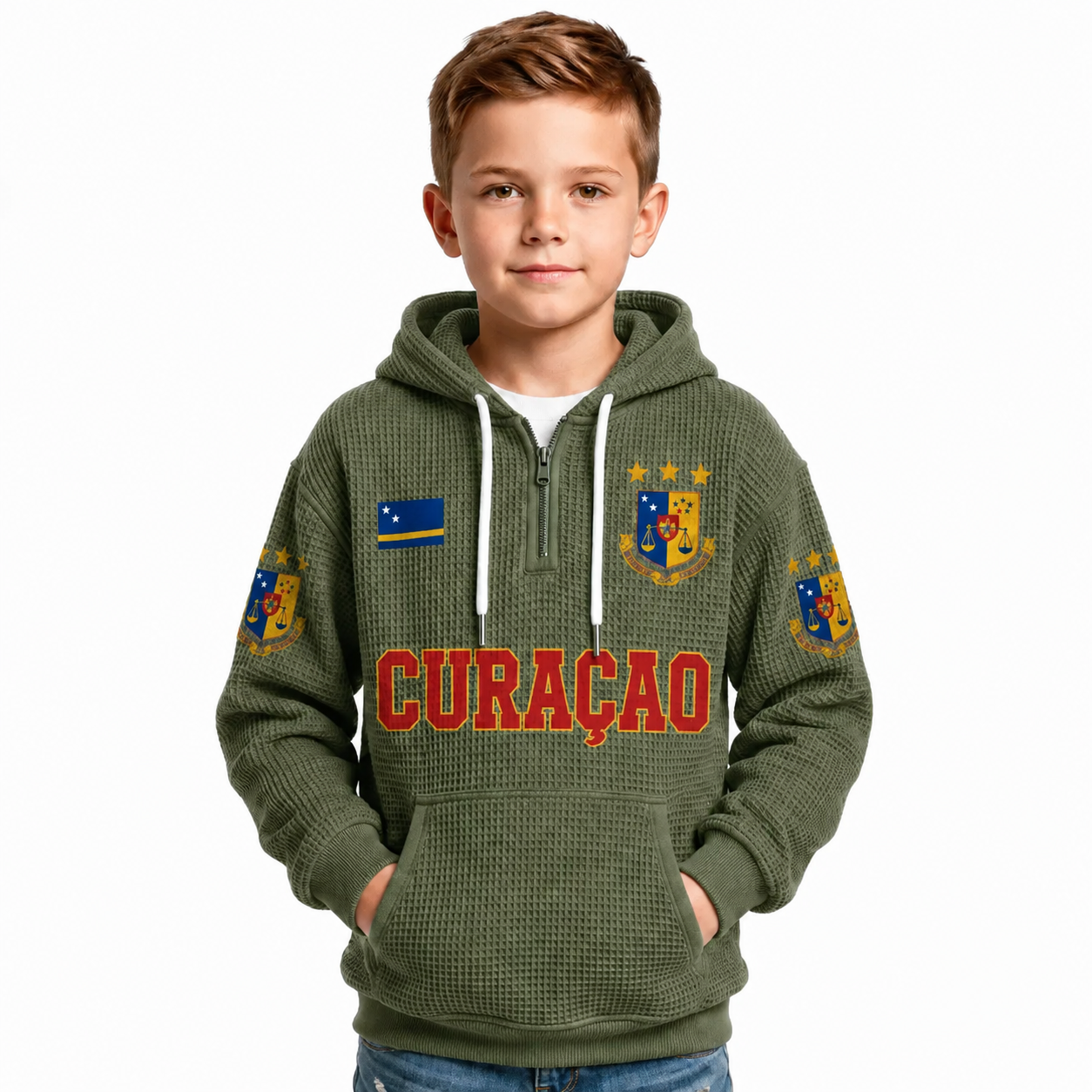 Curacao Printed Waffle Quarter Zip Football Fan Hoodie For Kids