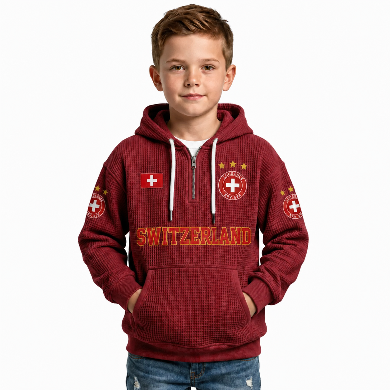 Switzerland Printed Waffle Quarter Zip Football Fan Hoodie For Kids