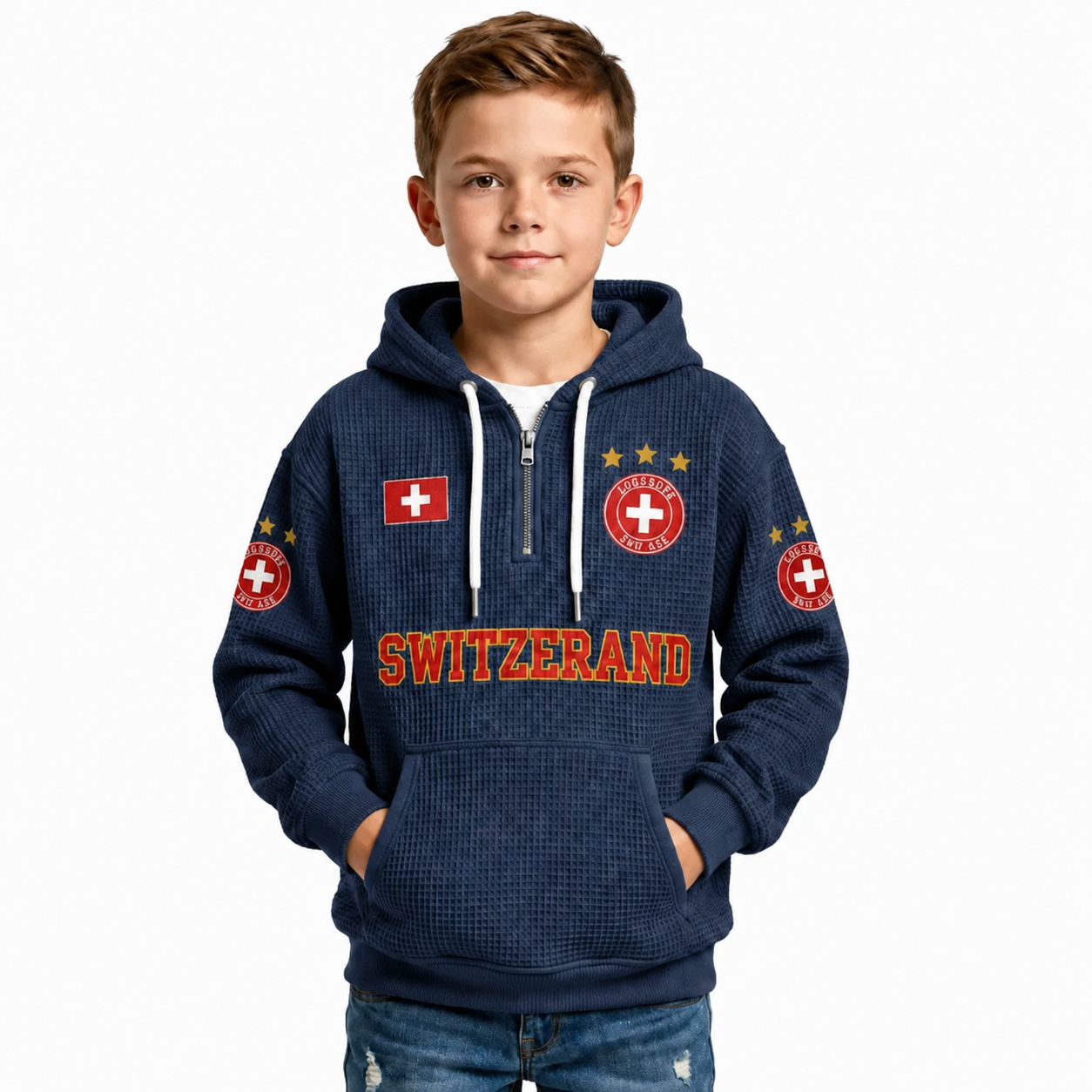 Switzerland Printed Waffle Quarter Zip Football Fan Hoodie For Kids