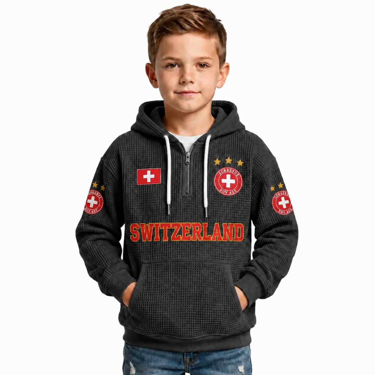 Switzerland Printed Waffle Quarter Zip Football Fan Hoodie For Kids