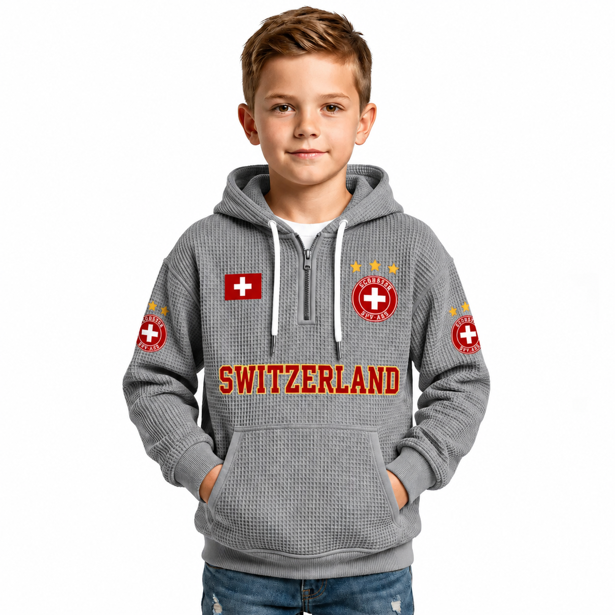 Switzerland Printed Waffle Quarter Zip Football Fan Hoodie For Kids