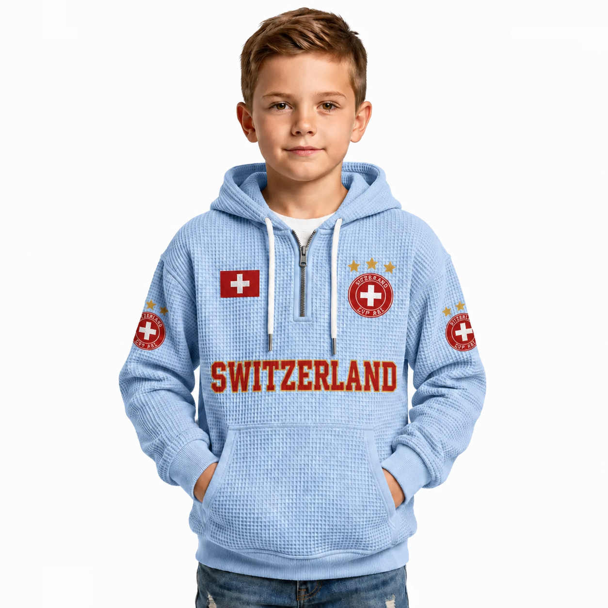 Switzerland Printed Waffle Quarter Zip Football Fan Hoodie For Kids