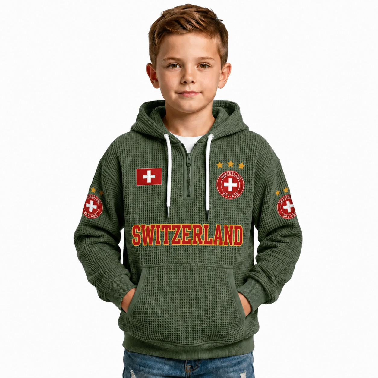 Switzerland Printed Waffle Quarter Zip Football Fan Hoodie For Kids