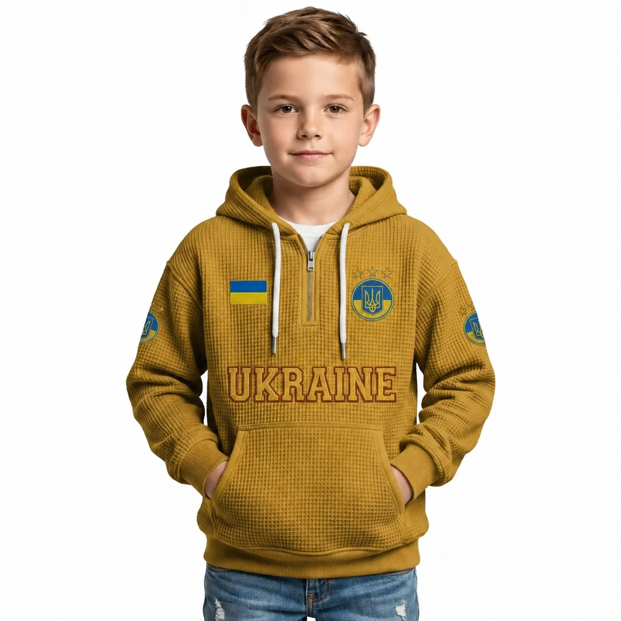 Ukraine Printed Waffle Quarter Zip Football Fan Hoodie For Kids