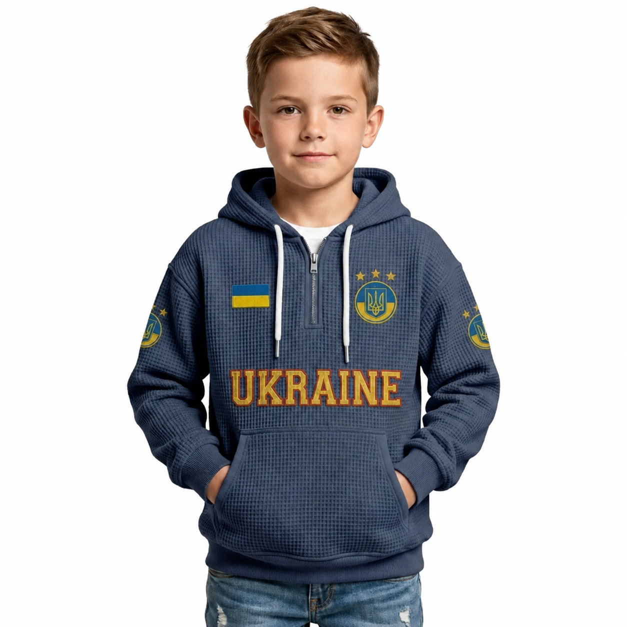 Ukraine Printed Waffle Quarter Zip Football Fan Hoodie For Kids