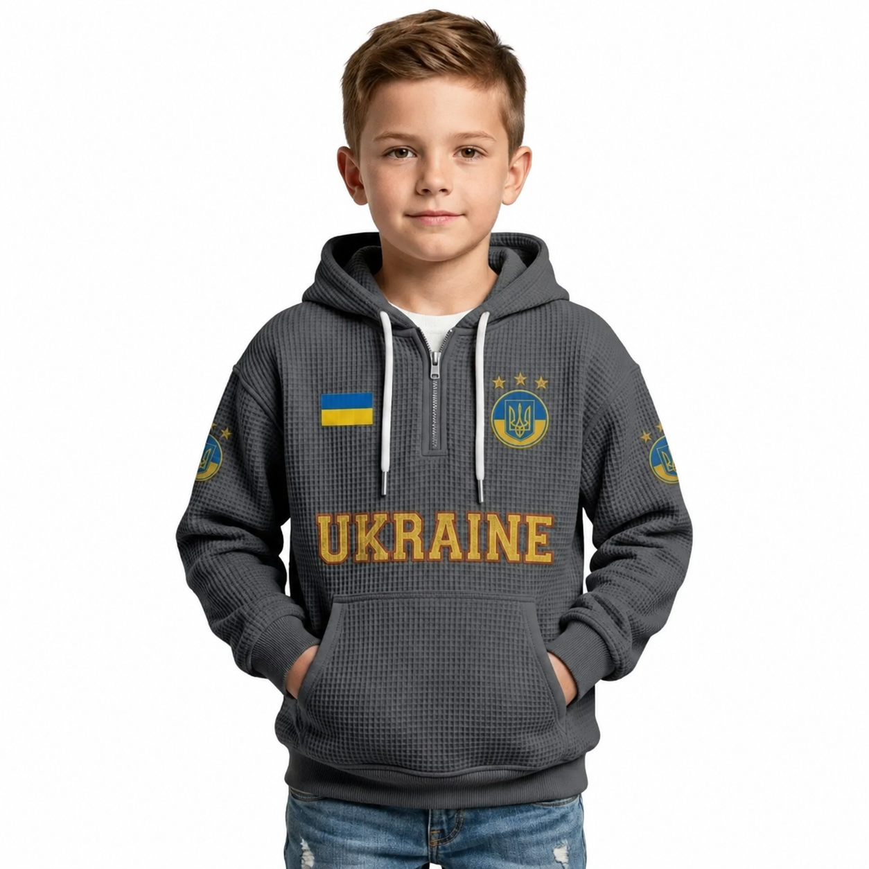 Ukraine Printed Waffle Quarter Zip Football Fan Hoodie For Kids