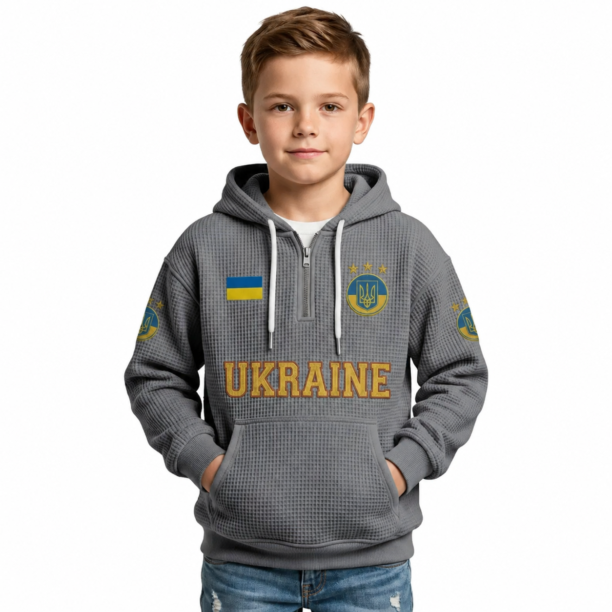 Ukraine Printed Waffle Quarter Zip Football Fan Hoodie For Kids