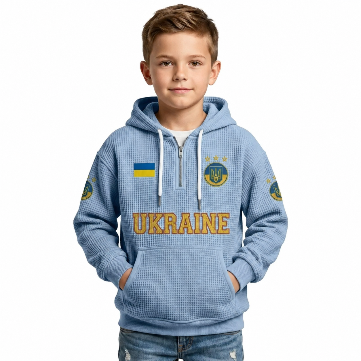 Ukraine Printed Waffle Quarter Zip Football Fan Hoodie For Kids