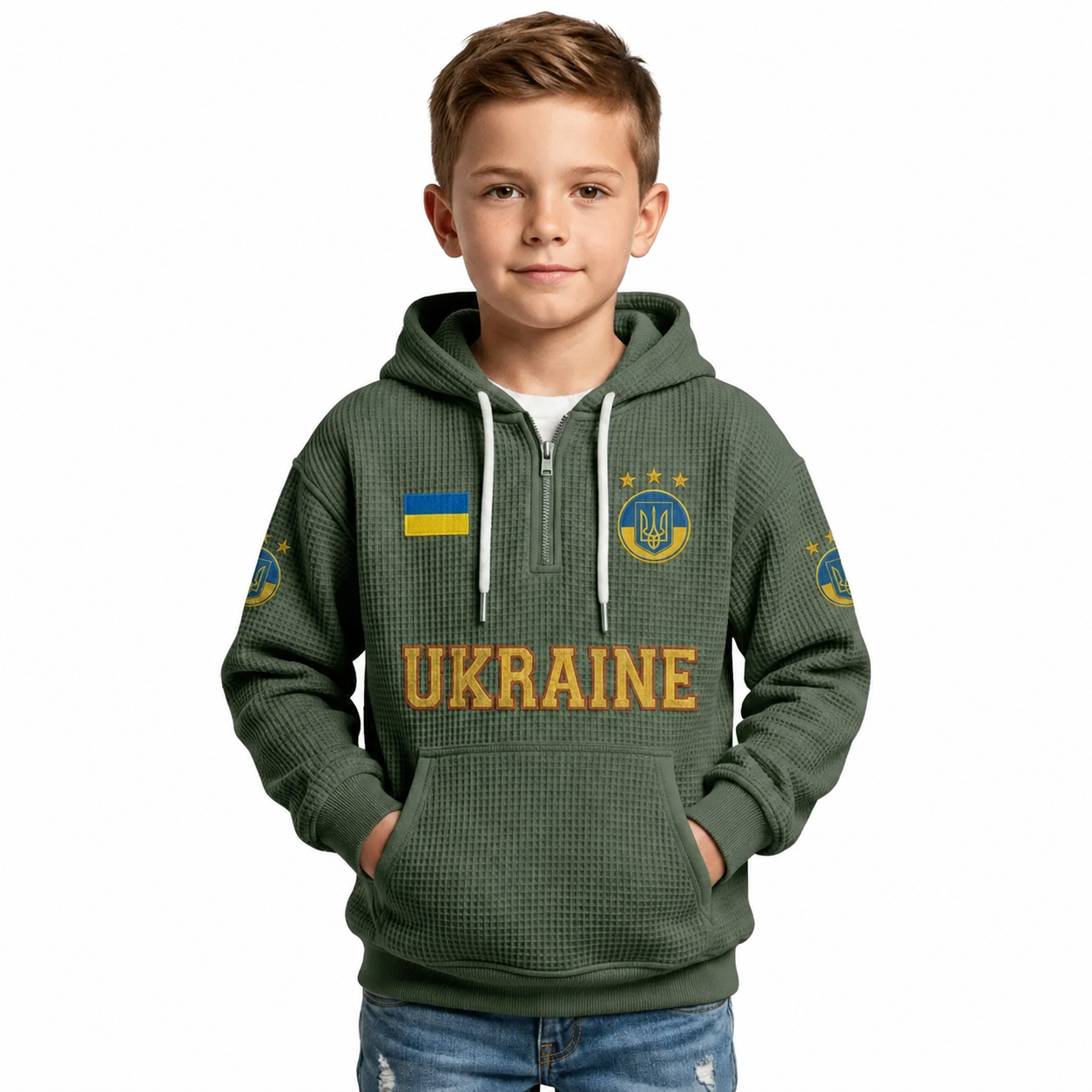 Ukraine Printed Waffle Quarter Zip Football Fan Hoodie For Kids