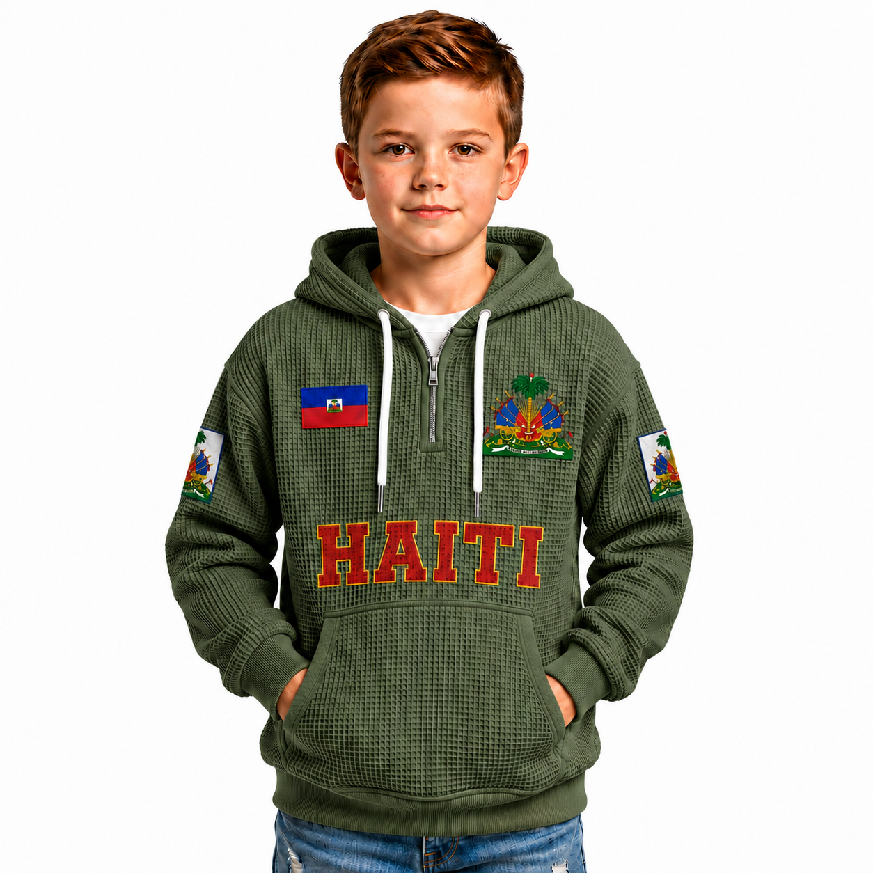 Haiti Printed Waffle Quarter Zip Football Fan Hoodie For Kids