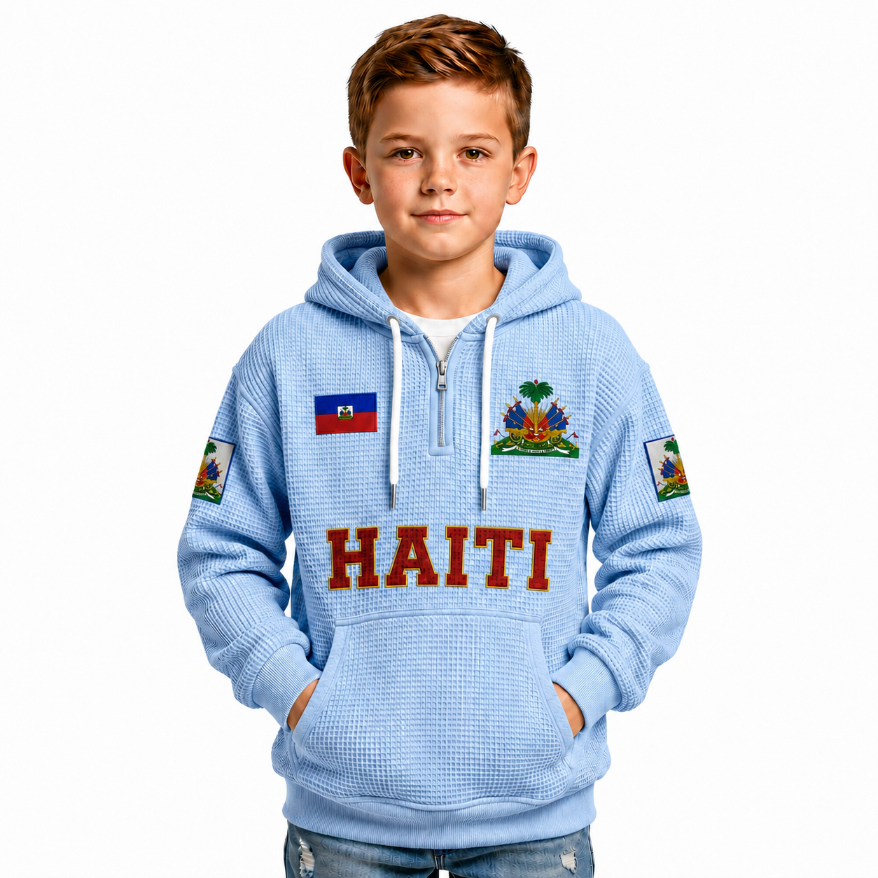 Haiti Printed Waffle Quarter Zip Football Fan Hoodie For Kids