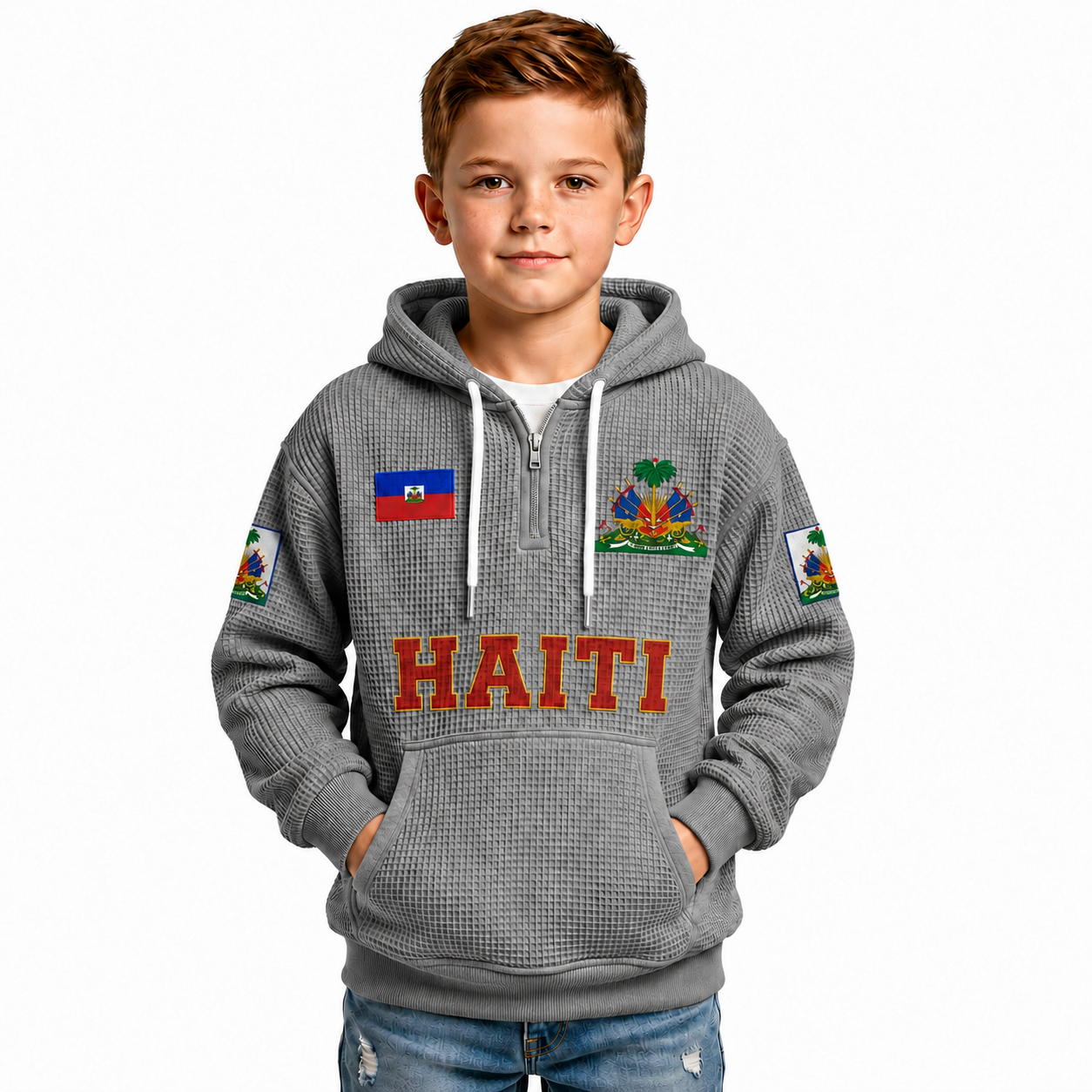 Haiti Printed Waffle Quarter Zip Football Fan Hoodie For Kids