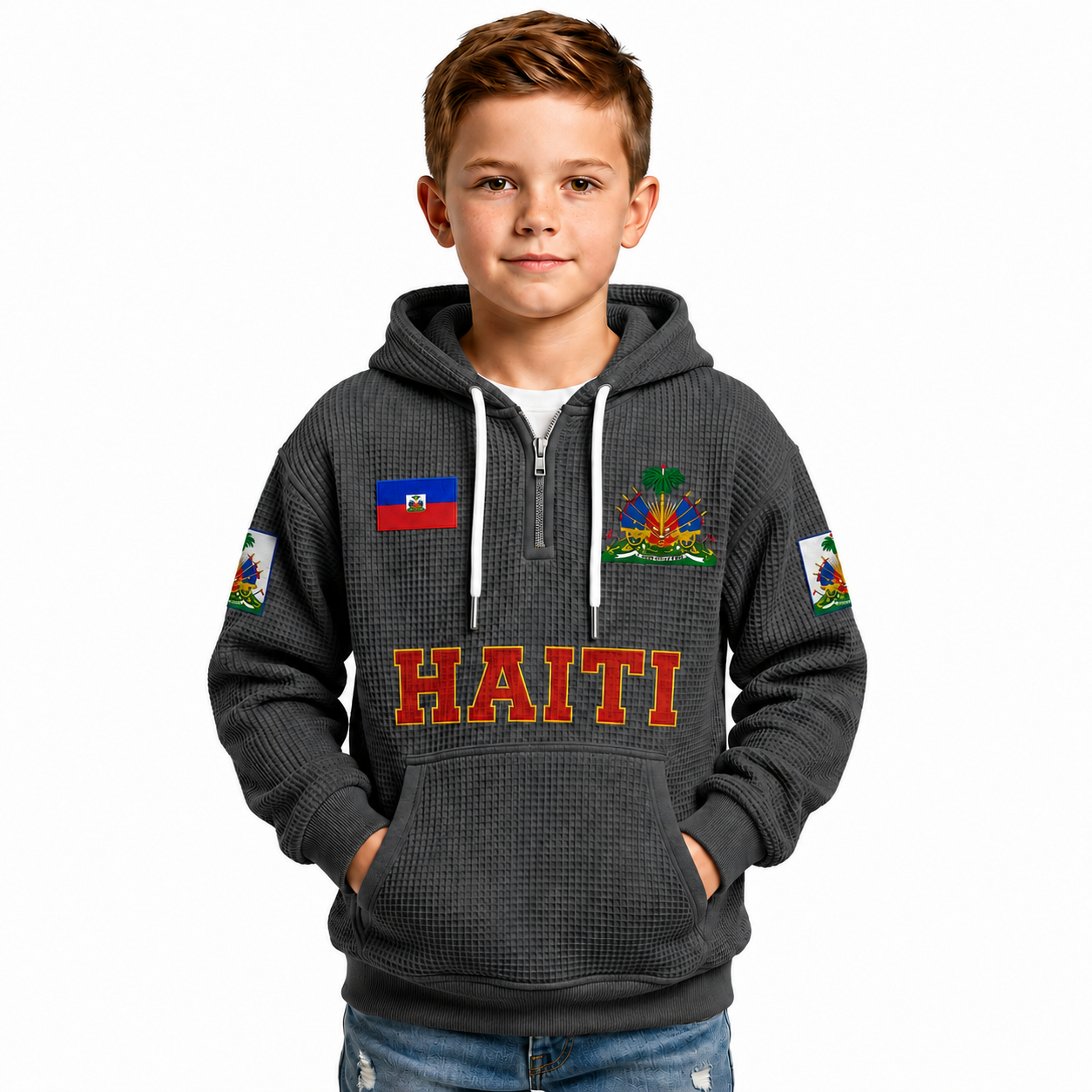 Haiti Printed Waffle Quarter Zip Football Fan Hoodie For Kids