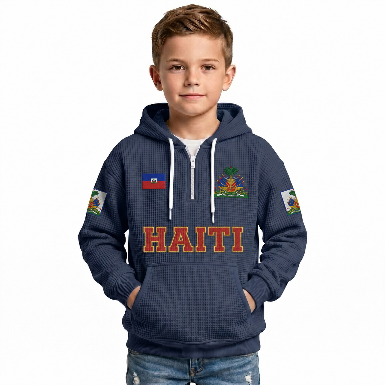 Haiti Printed Waffle Quarter Zip Football Fan Hoodie For Kids