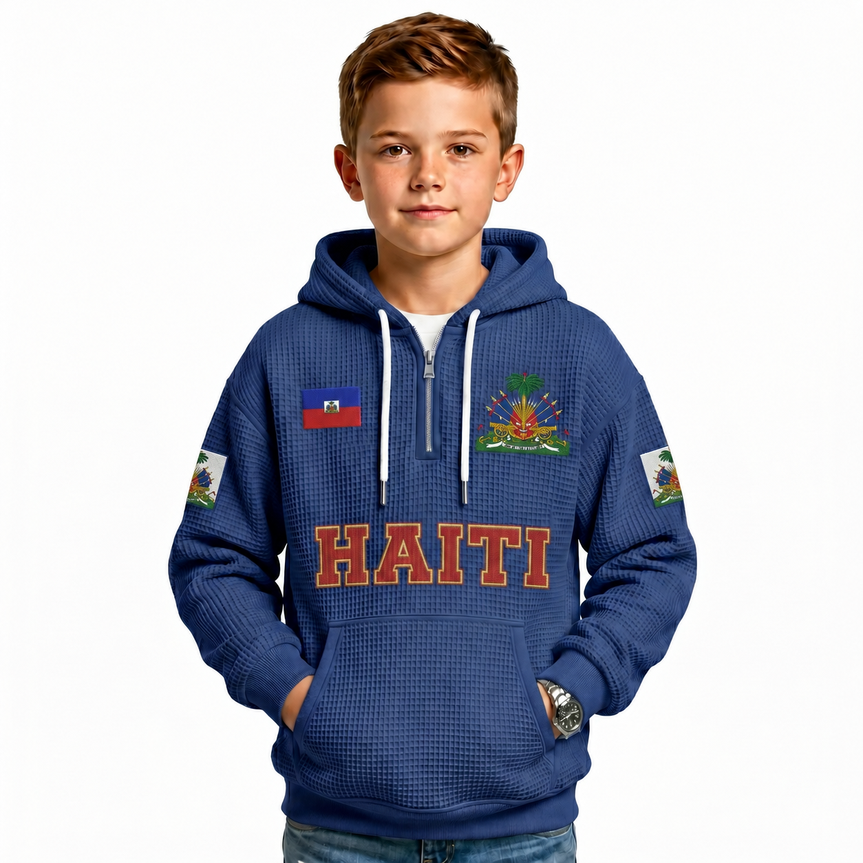 Haiti Printed Waffle Quarter Zip Football Fan Hoodie For Kids