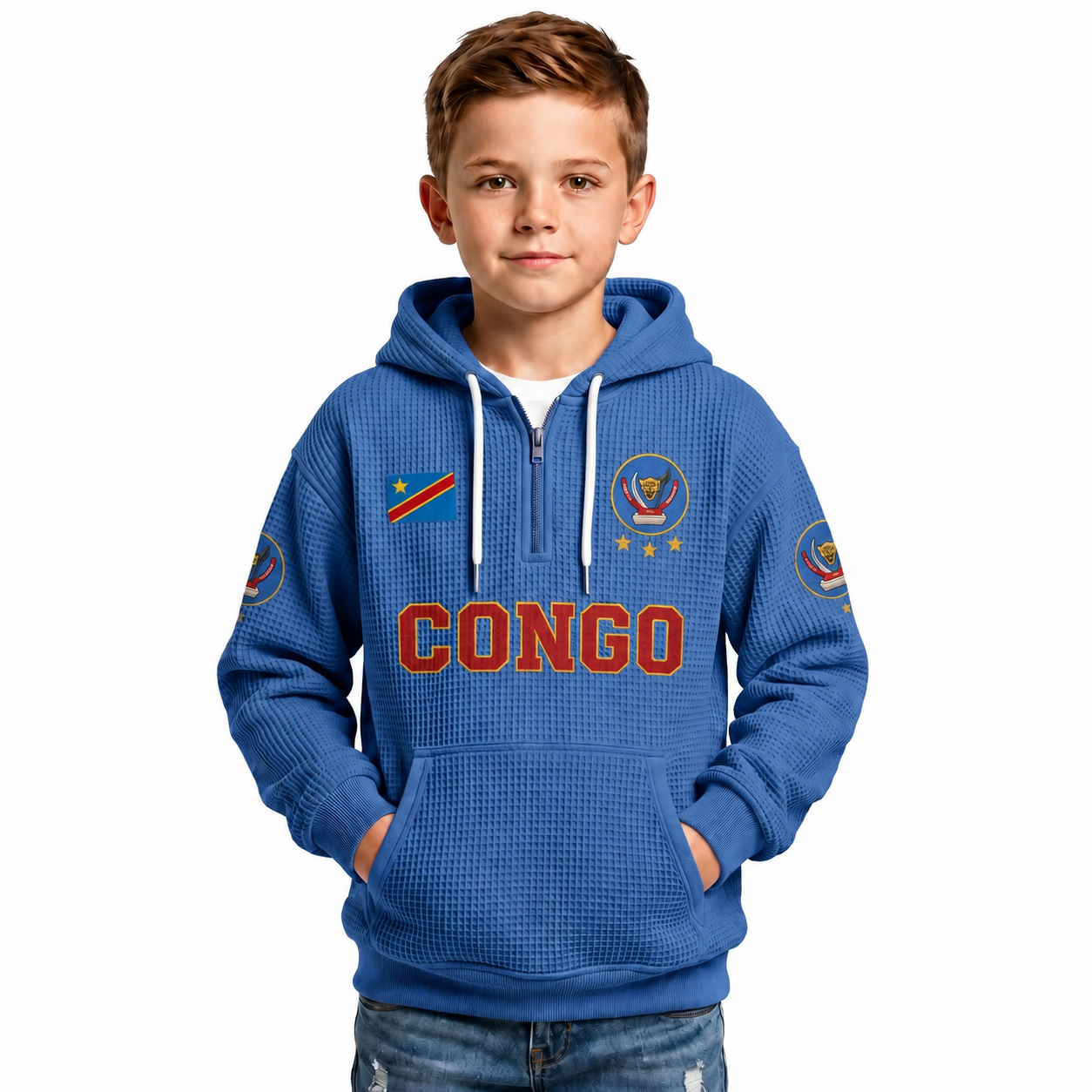 Democratic Republic Of The Congo Printed Waffle Quarter Zip Football Fan Hoodie For Kids