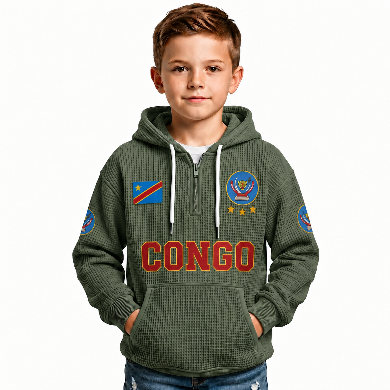 Democratic Republic Of The Congo Printed Waffle Quarter Zip Football Fan Hoodie For Kids
