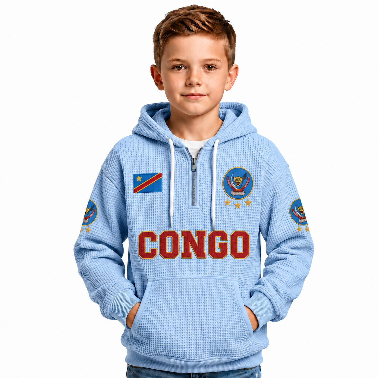 Democratic Republic Of The Congo Printed Waffle Quarter Zip Football Fan Hoodie For Kids