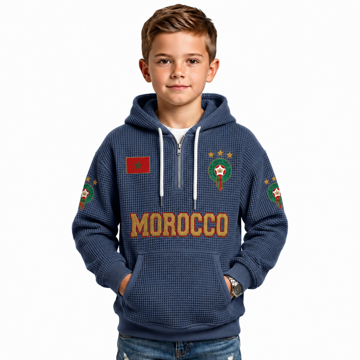 Morocco Printed Waffle Quarter Zip Football Fan Hoodie For Kids