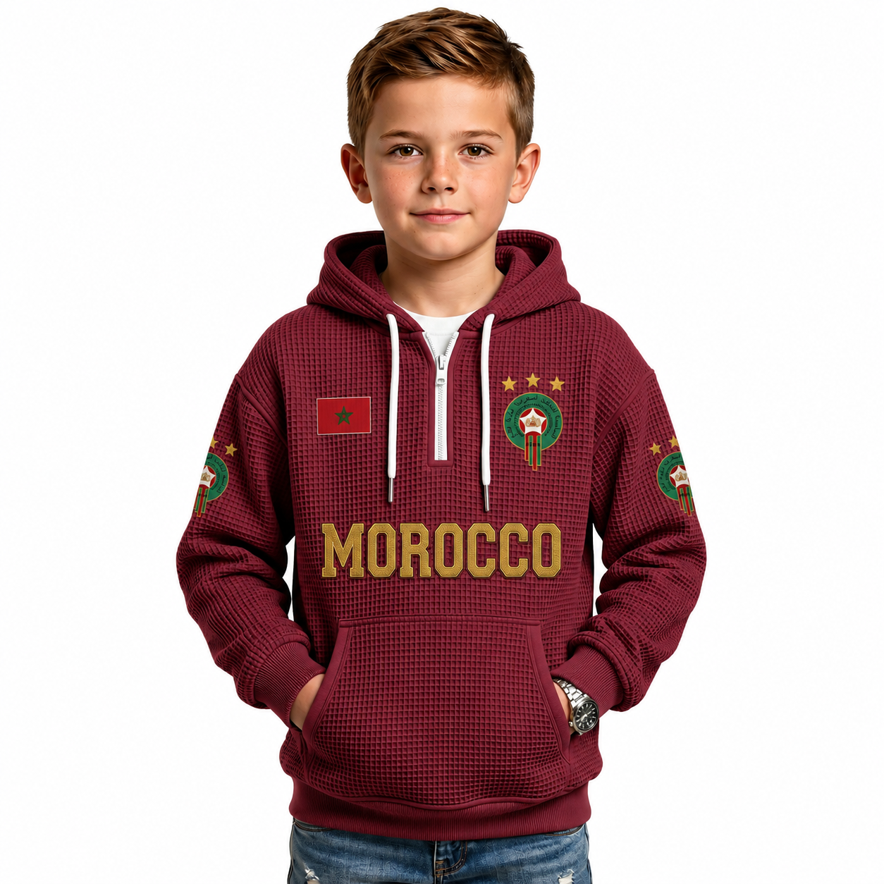 Morocco Printed Waffle Quarter Zip Football Fan Hoodie For Kids