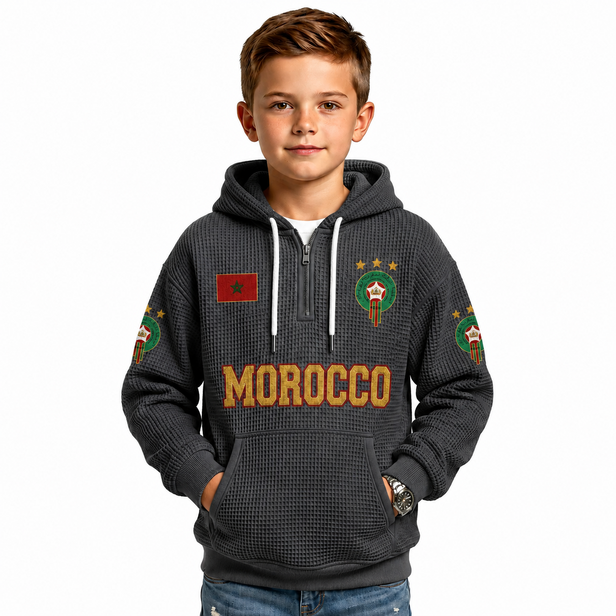 Morocco Printed Waffle Quarter Zip Football Fan Hoodie For Kids
