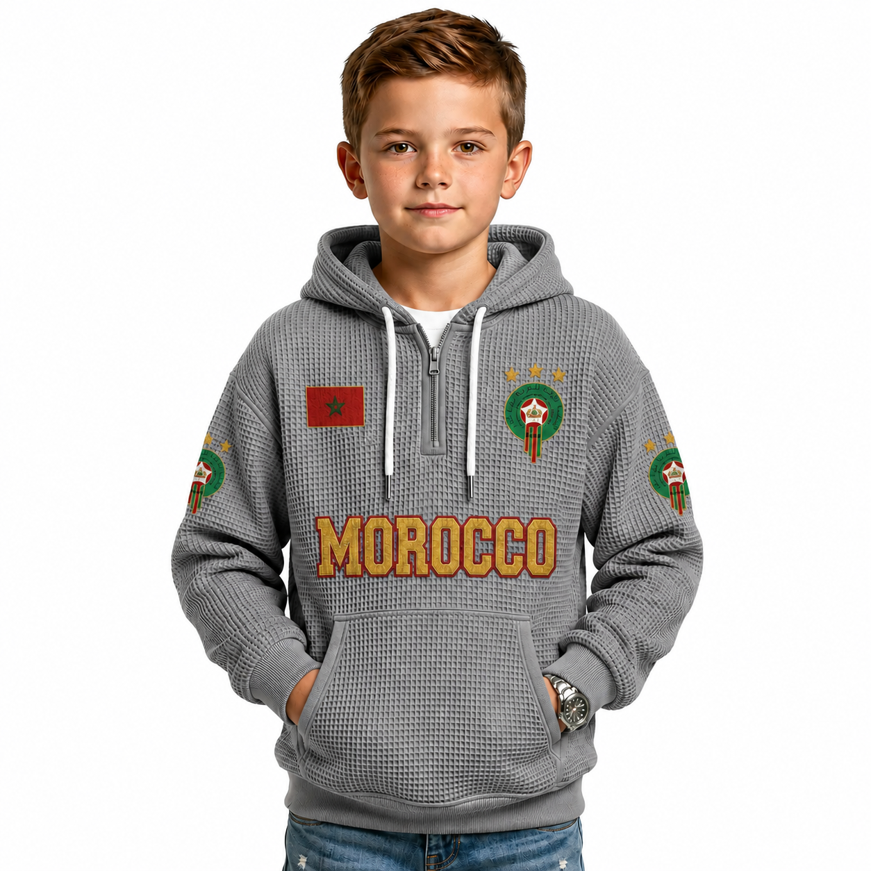 Morocco Printed Waffle Quarter Zip Football Fan Hoodie For Kids