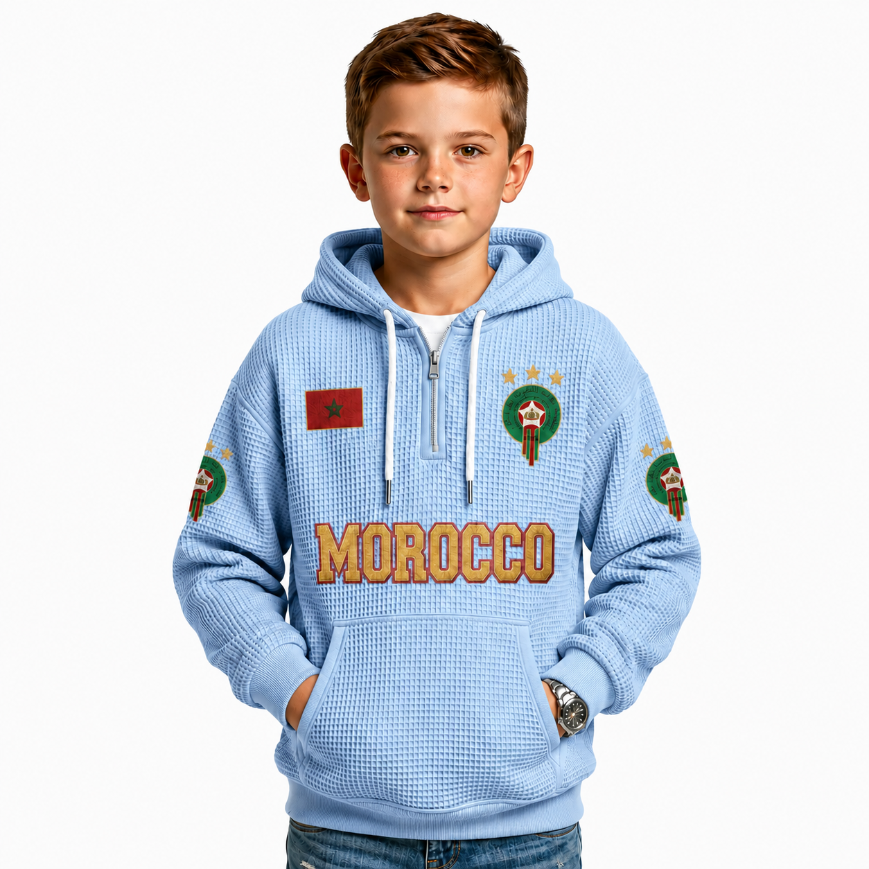 Morocco Printed Waffle Quarter Zip Football Fan Hoodie For Kids