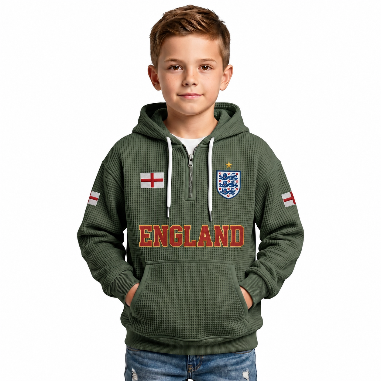 England Printed Waffle Quarter Zip Football Fan Hoodie For Kids