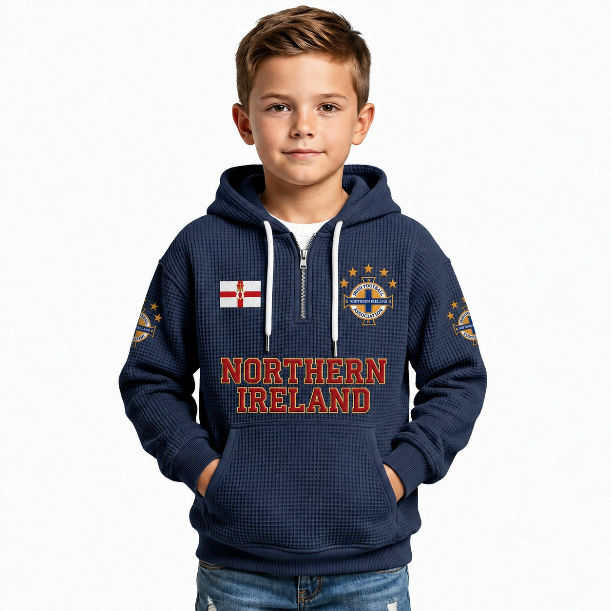 Northern Ireland Printed Waffle Quarter Zip Football Fan Hoodie For Kids