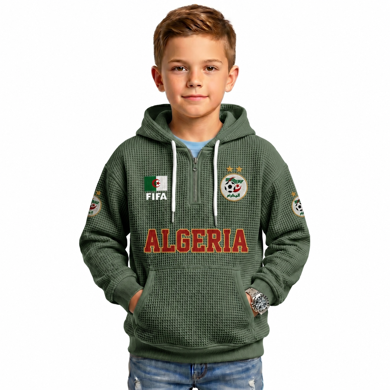 FIFA 2026 Algeria Printed Waffle Quarter Zip Football Fan Hoodie For Kids