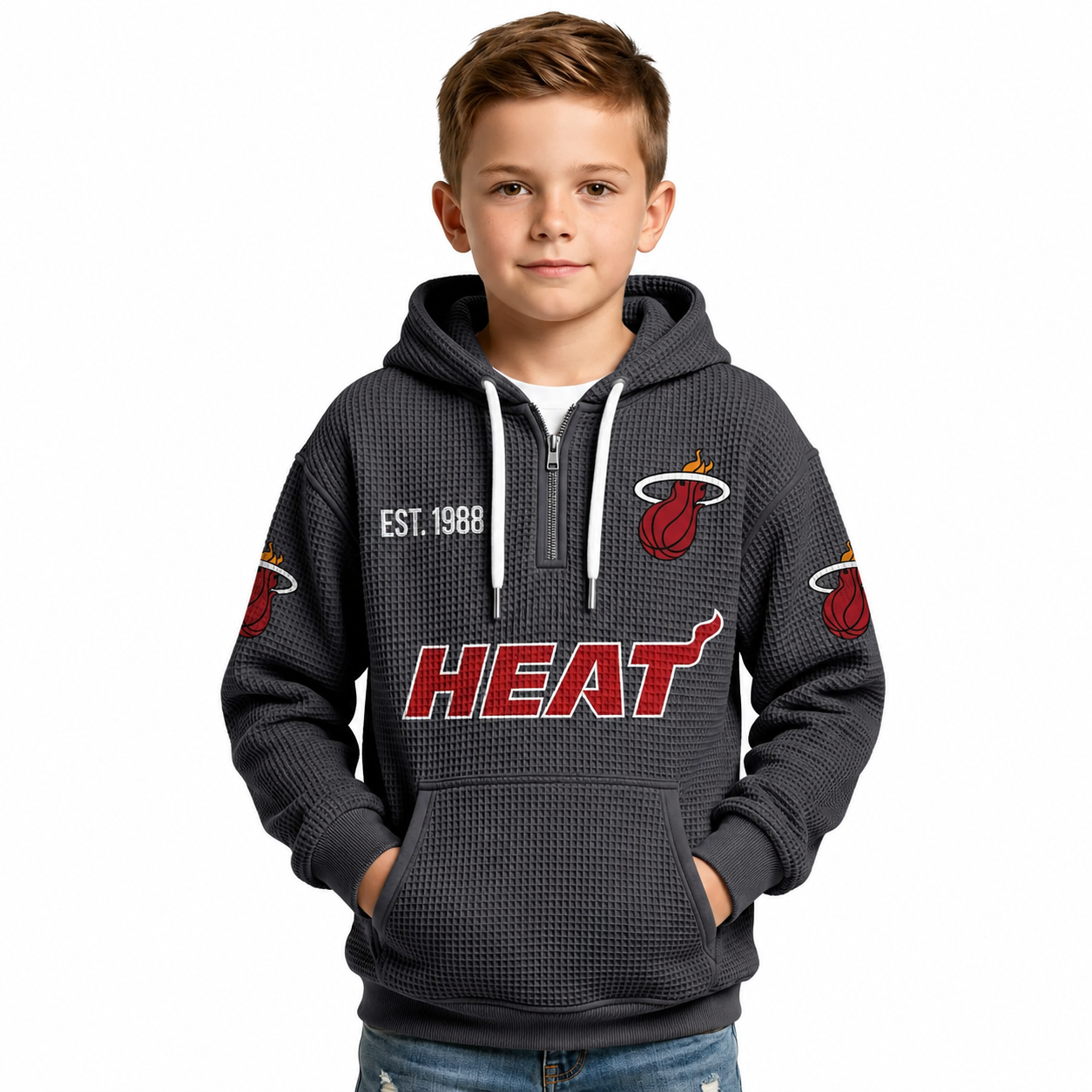 Miami Heat EST 1988 Printed Waffle Quarter Zip Basketball Fan Hoodie For Kids