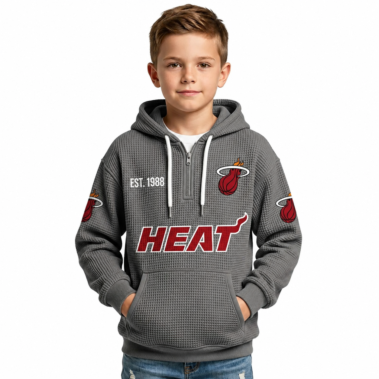 Miami Heat EST 1988 Printed Waffle Quarter Zip Basketball Fan Hoodie For Kids