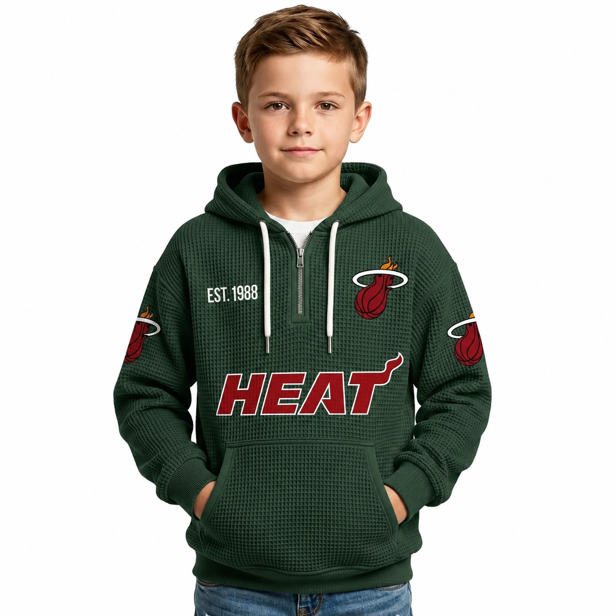 Miami Heat EST 1988 Printed Waffle Quarter Zip Basketball Fan Hoodie For Kids