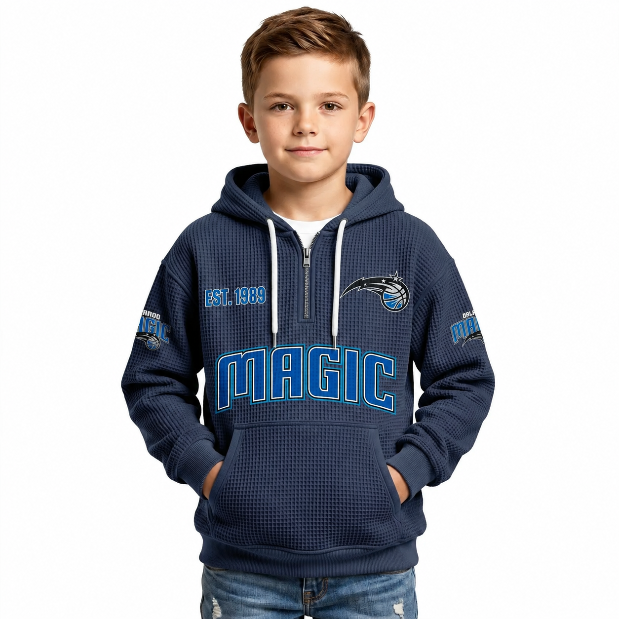 Orlando Magic EST 1989 Printed Waffle Quarter Zip Basketball Fan Hoodie For Kids