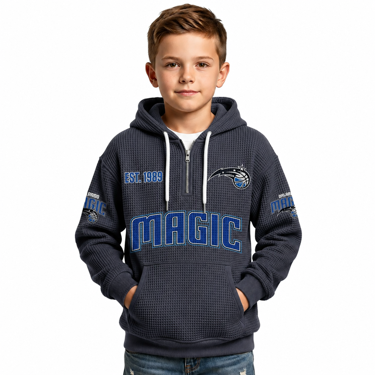 Orlando Magic EST 1989 Printed Waffle Quarter Zip Basketball Fan Hoodie For Kids