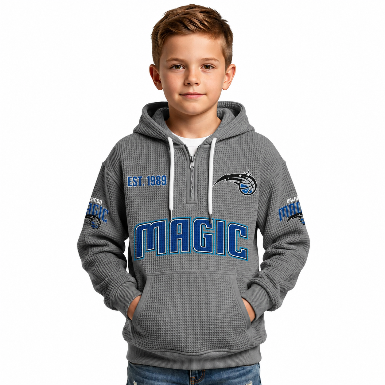 Orlando Magic EST 1989 Printed Waffle Quarter Zip Basketball Fan Hoodie For Kids