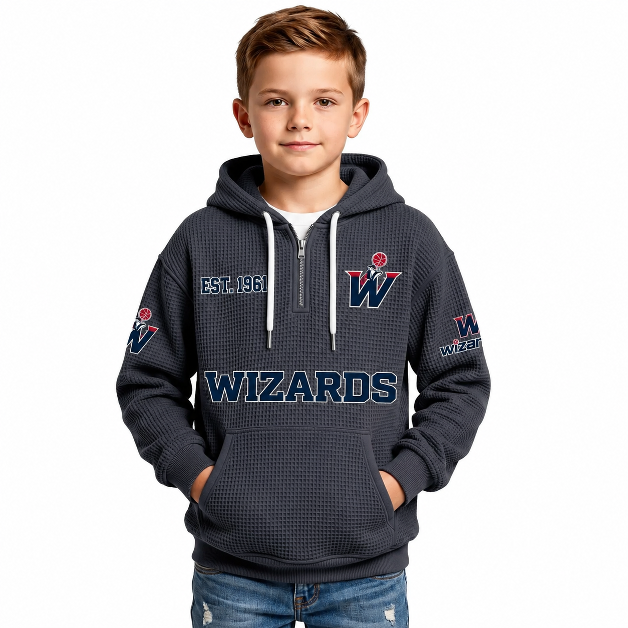 Washington Wizards EST 1961 Printed Waffle Quarter Zip Basketball Fan Hoodie For Kids
