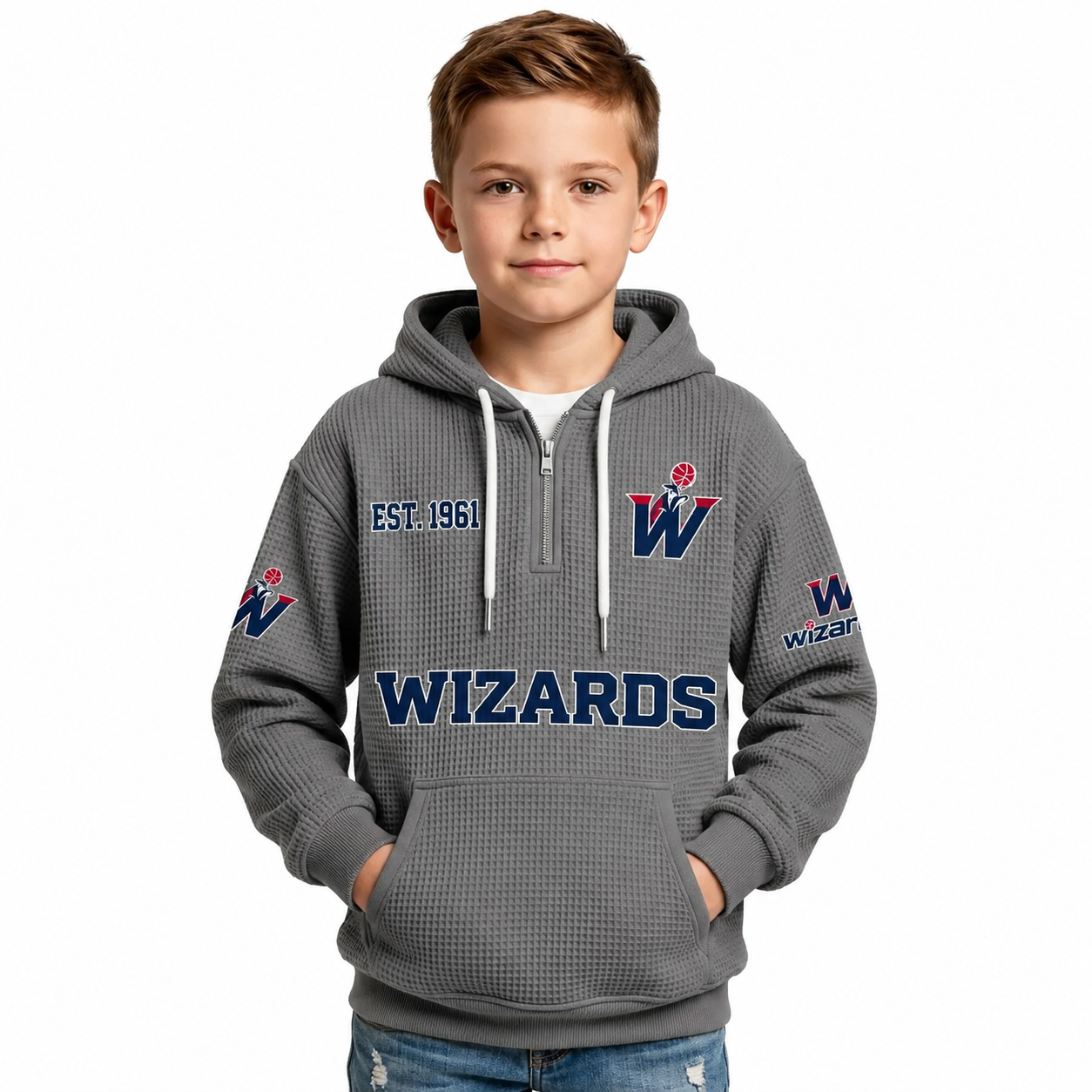 Washington Wizards EST 1961 Printed Waffle Quarter Zip Basketball Fan Hoodie For Kids