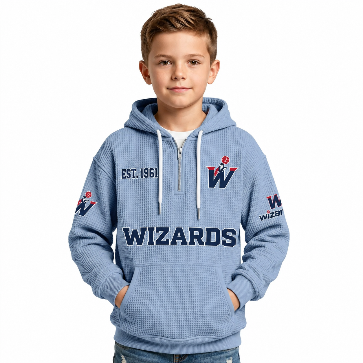 Washington Wizards EST 1961 Printed Waffle Quarter Zip Basketball Fan Hoodie For Kids