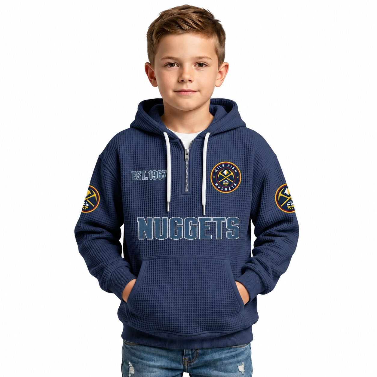 Denver Nuggets EST 1967 Printed Waffle Quarter Zip Basketball Fan Hoodie For Kids