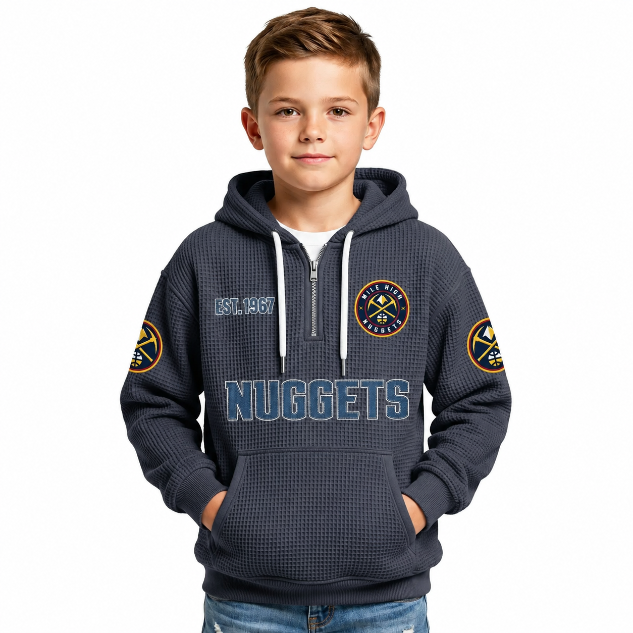 Denver Nuggets EST 1967 Printed Waffle Quarter Zip Basketball Fan Hoodie For Kids