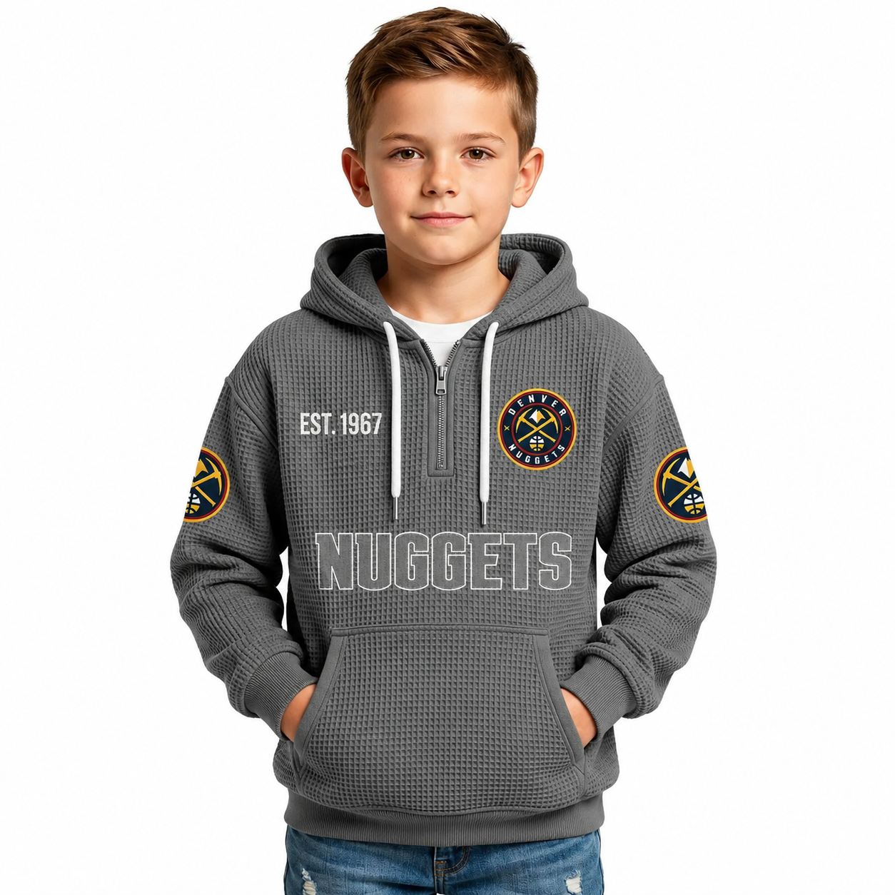 Denver Nuggets EST 1967 Printed Waffle Quarter Zip Basketball Fan Hoodie For Kids