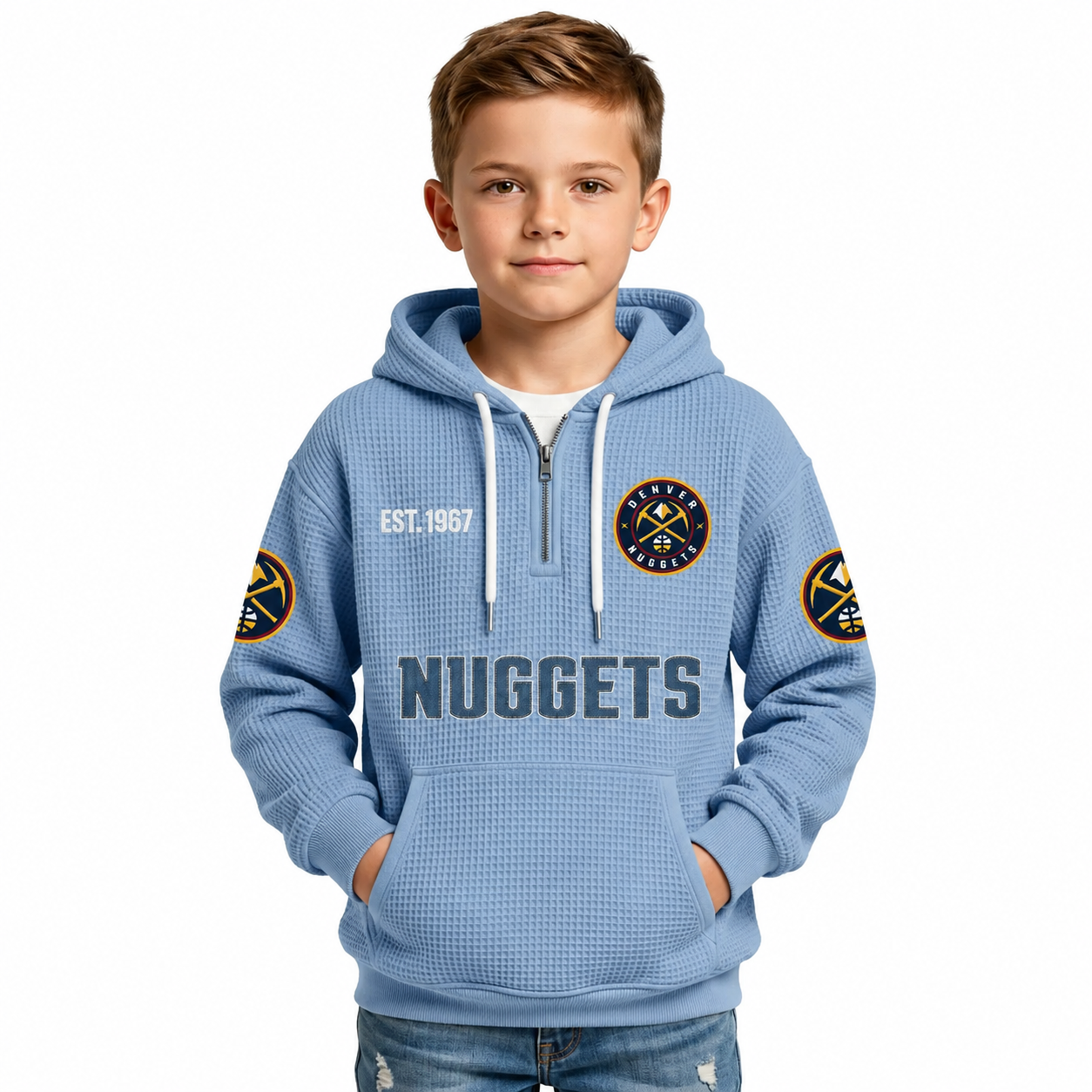 Denver Nuggets EST 1967 Printed Waffle Quarter Zip Basketball Fan Hoodie For Kids