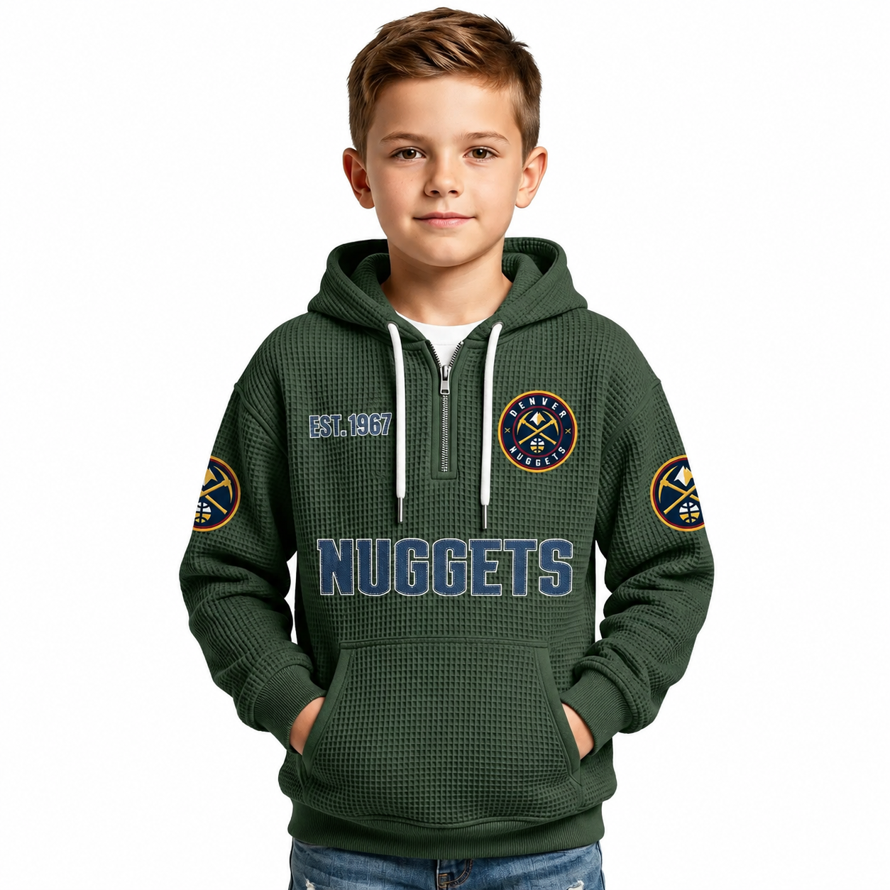 Denver Nuggets EST 1967 Printed Waffle Quarter Zip Basketball Fan Hoodie For Kids