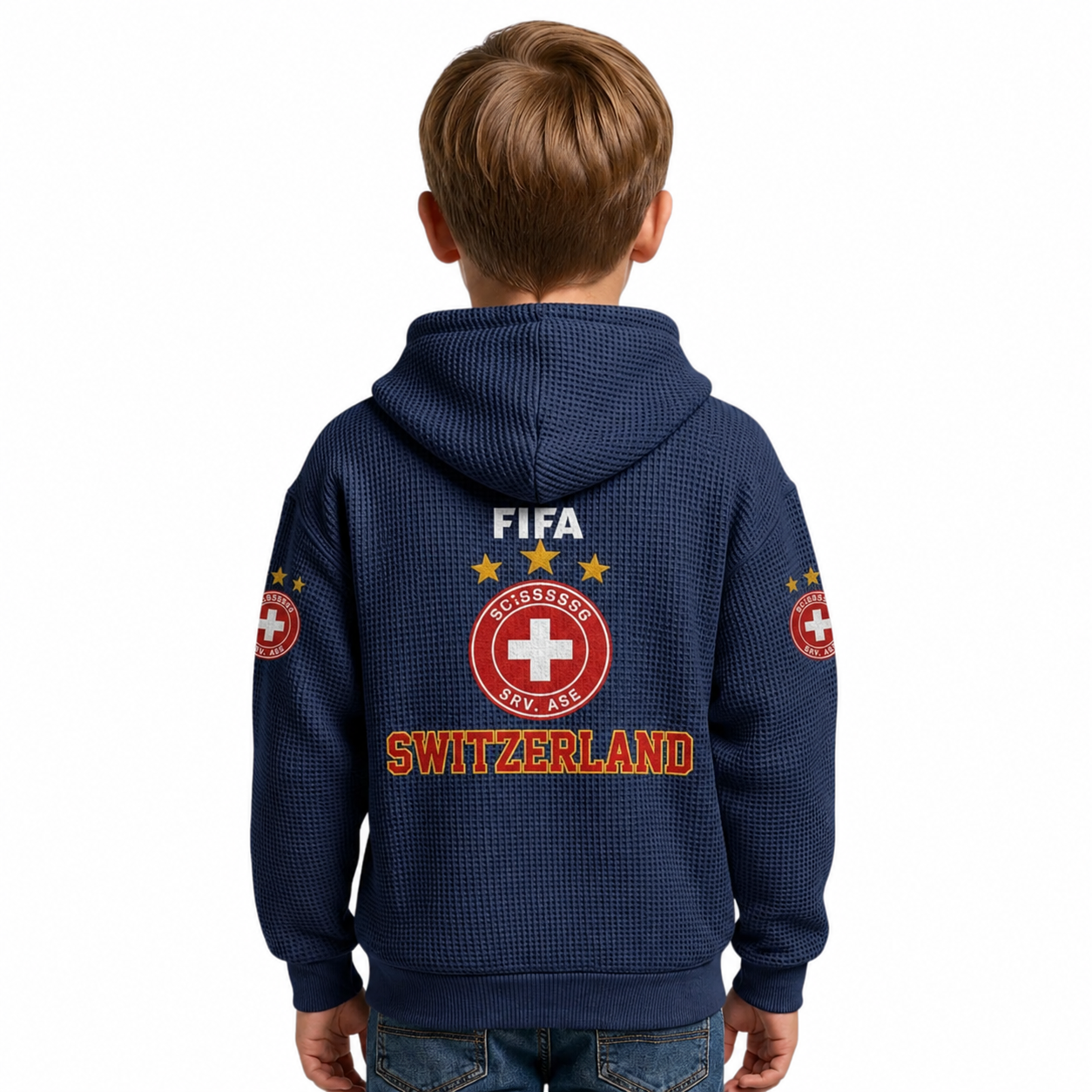 Switzerland Printed Waffle Quarter Zip Football Fan Hoodie For Kids