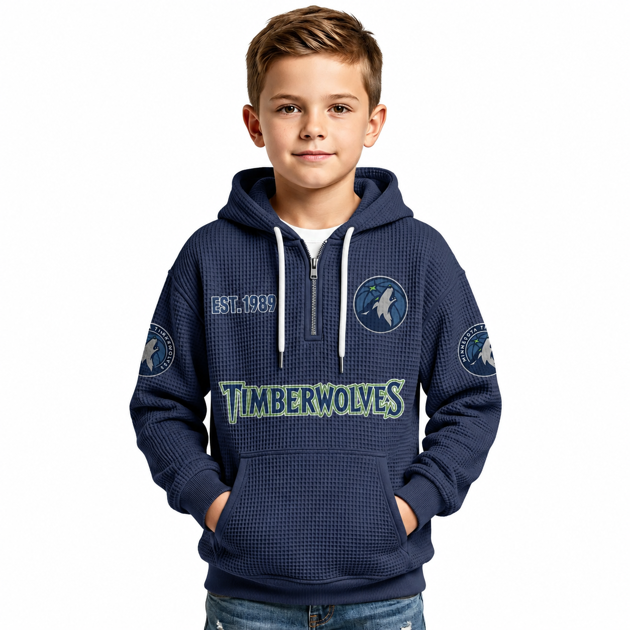 Minnesota Timberwolves EST 1989 Printed Waffle Quarter Zip Basketball Fan Hoodie For Kids