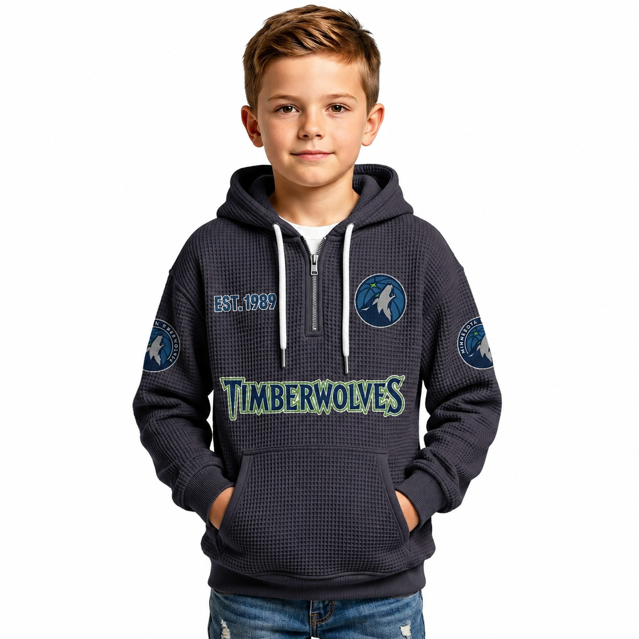 Minnesota Timberwolves EST 1989 Printed Waffle Quarter Zip Basketball Fan Hoodie For Kids
