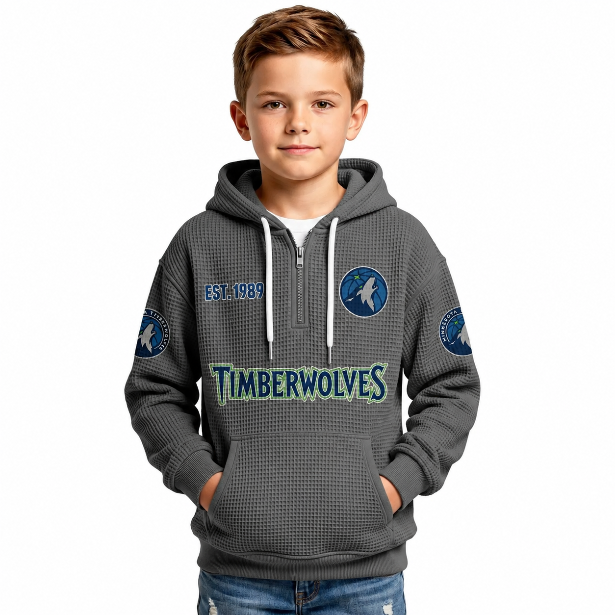 Minnesota Timberwolves EST 1989 Printed Waffle Quarter Zip Basketball Fan Hoodie For Kids